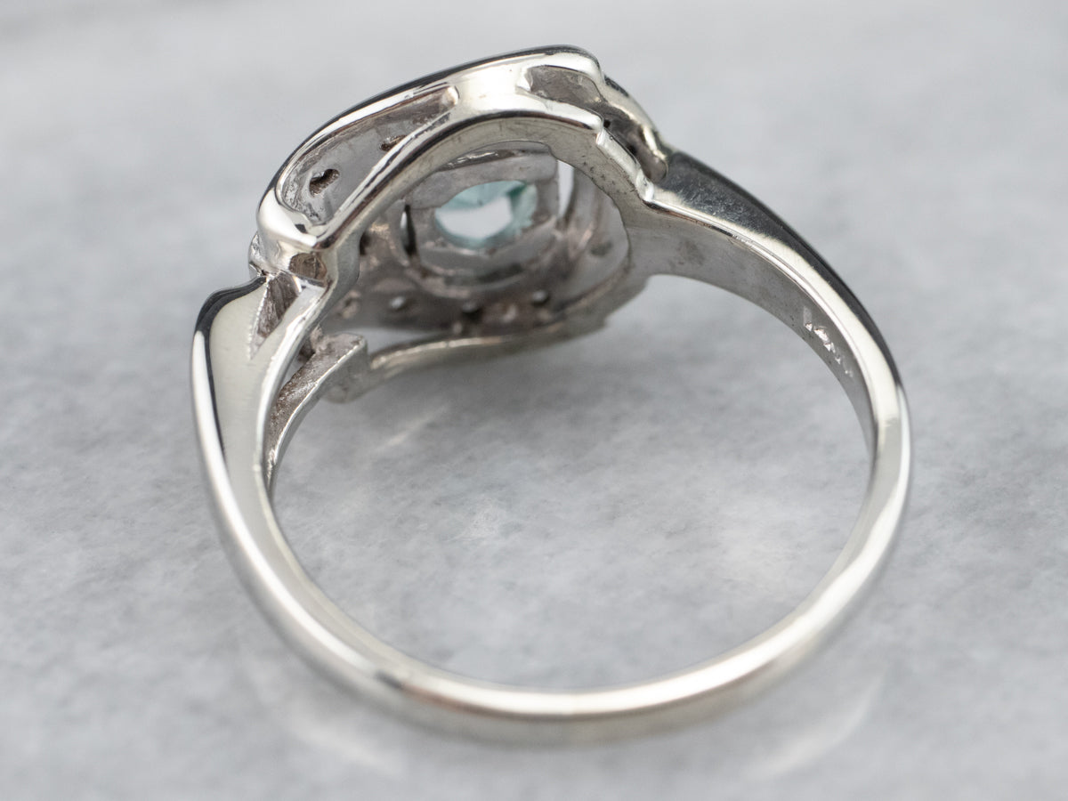 Blue Zircon and Diamond Retro Era Ring in White Gold