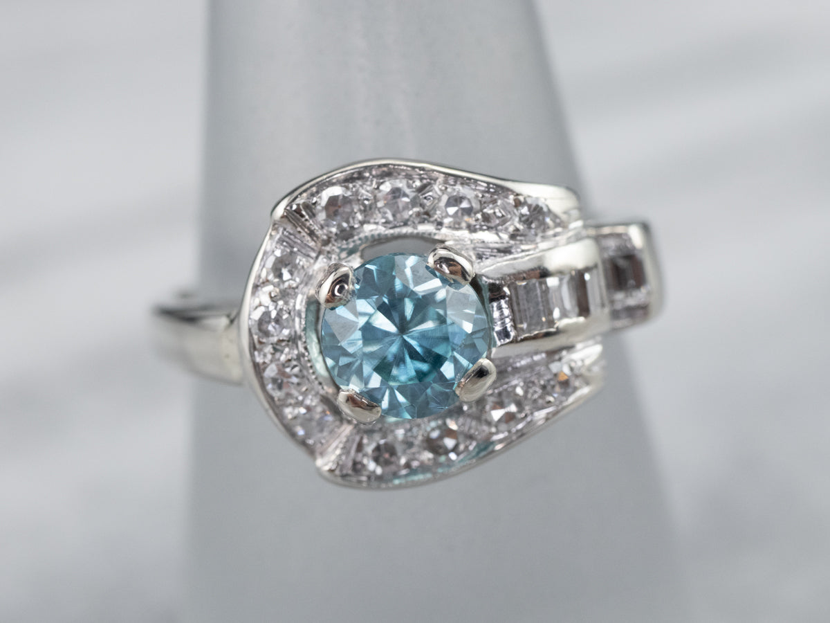 Blue Zircon and Diamond Retro Era Ring in White Gold