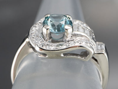 Blue Zircon and Diamond Retro Era Ring in White Gold