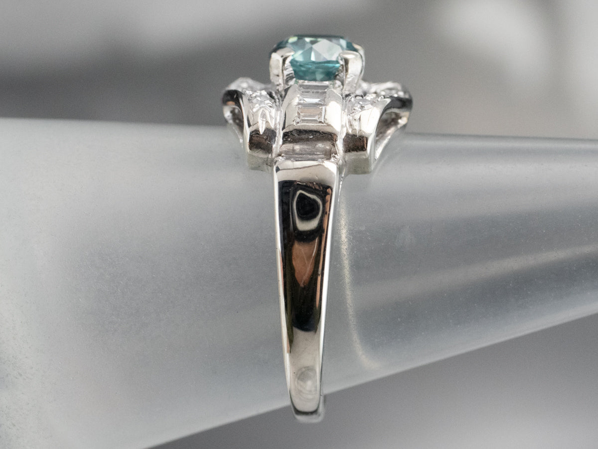 Blue Zircon and Diamond Retro Era Ring in White Gold