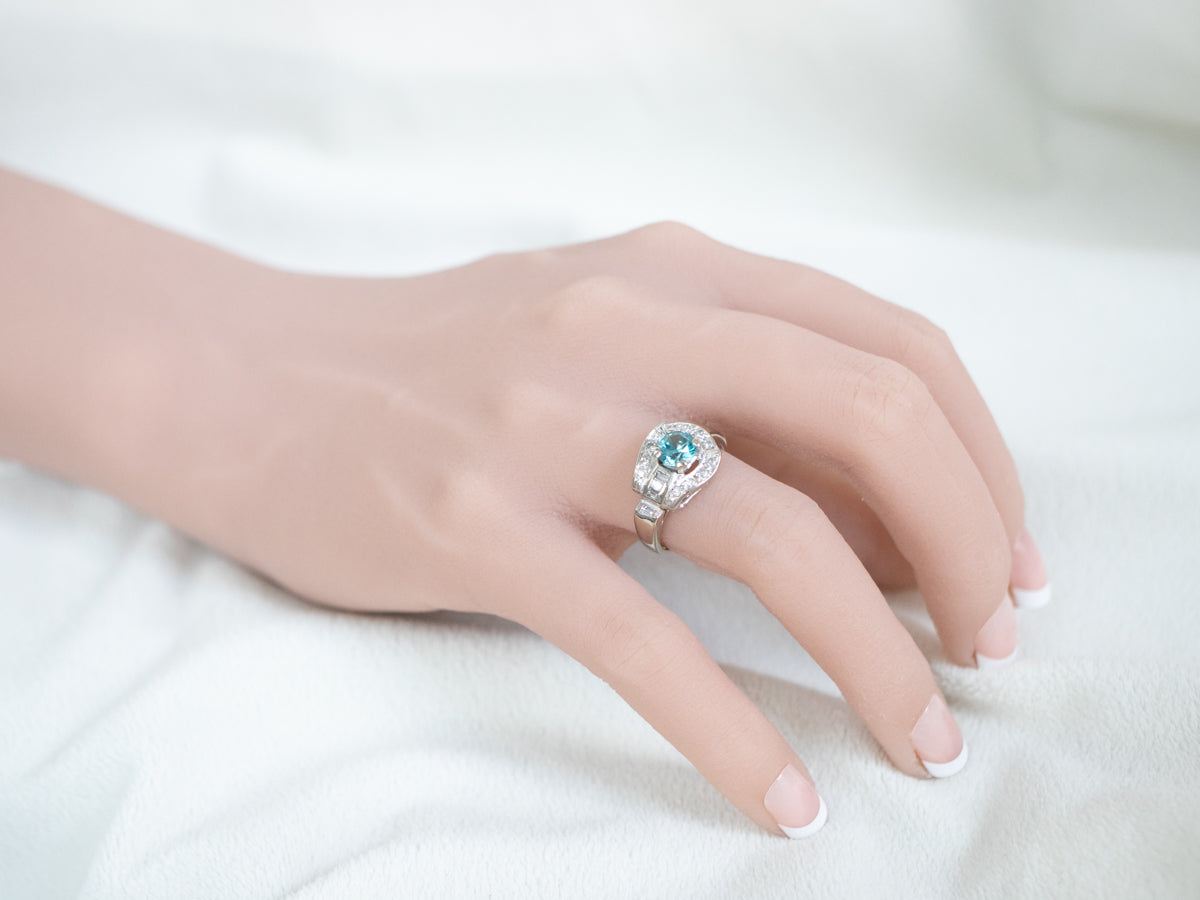 Blue Zircon and Diamond Retro Era Ring in White Gold