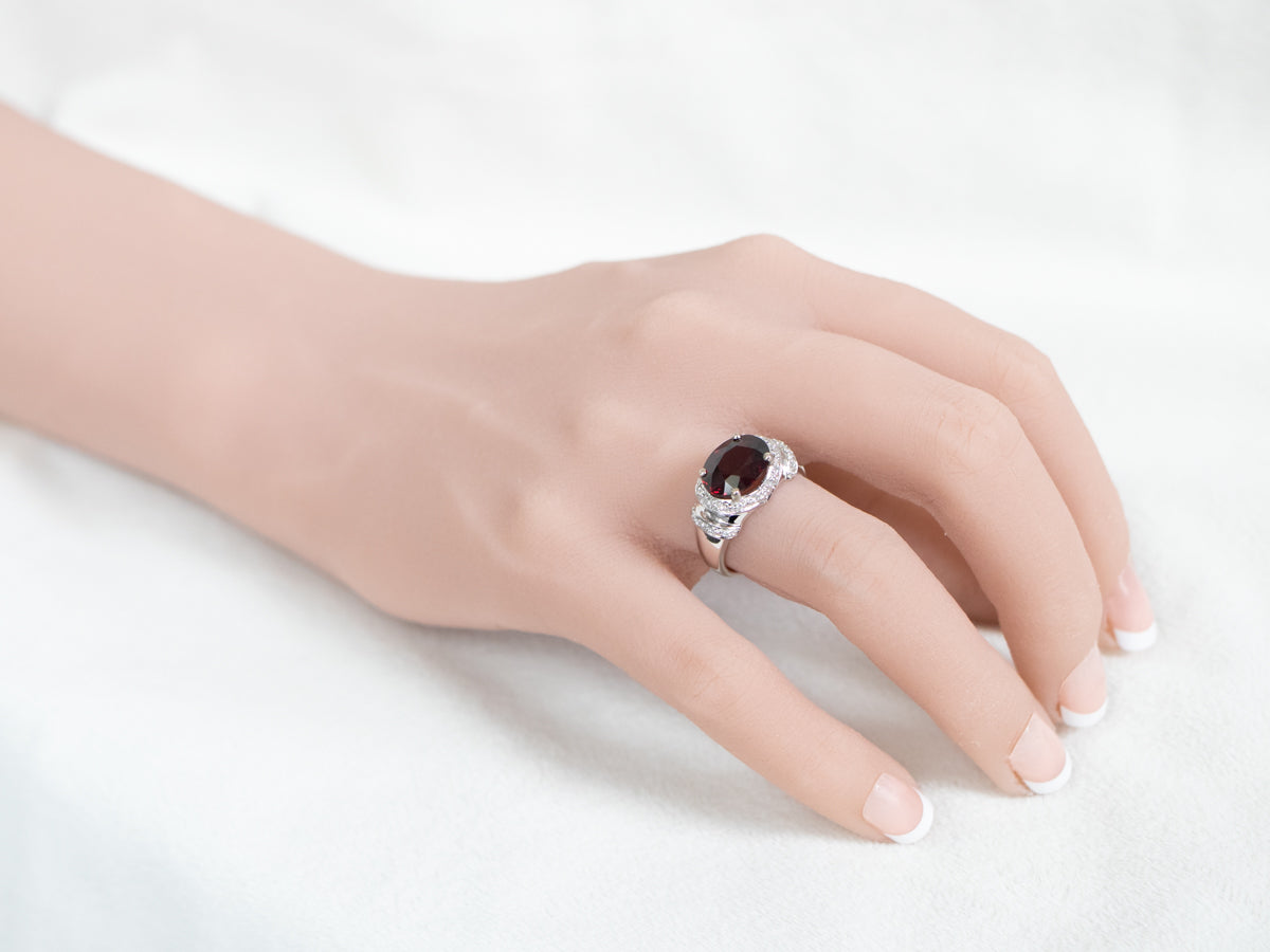 Modern Pyrope Garnet and Diamond Halo Ring
