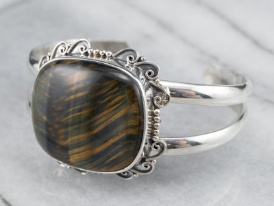 Sterling Silver Ornate Tigers Eye Cuff Bracelet