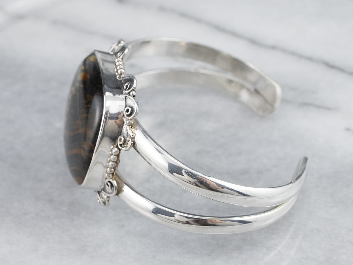 Sterling Silver Ornate Tigers Eye Cuff Bracelet