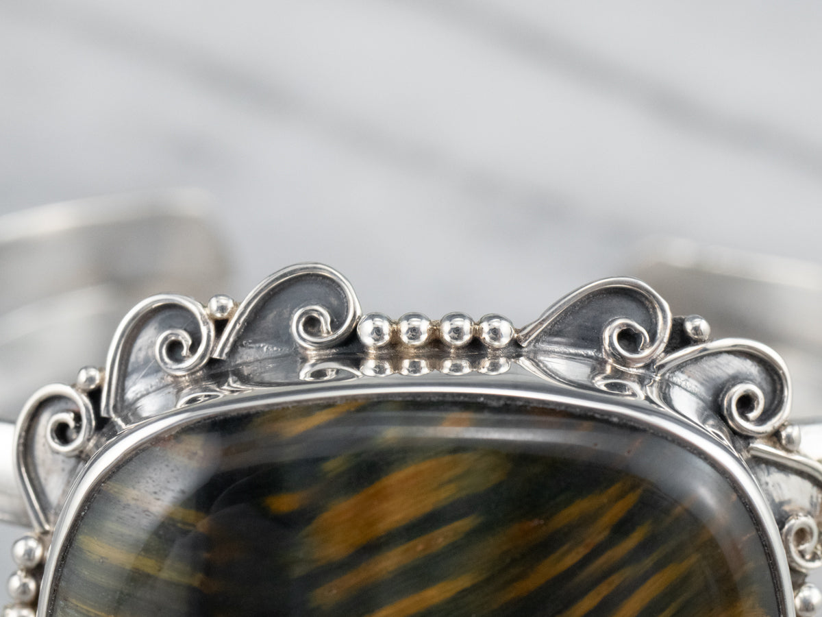 Sterling Silver Ornate Tigers Eye Cuff Bracelet