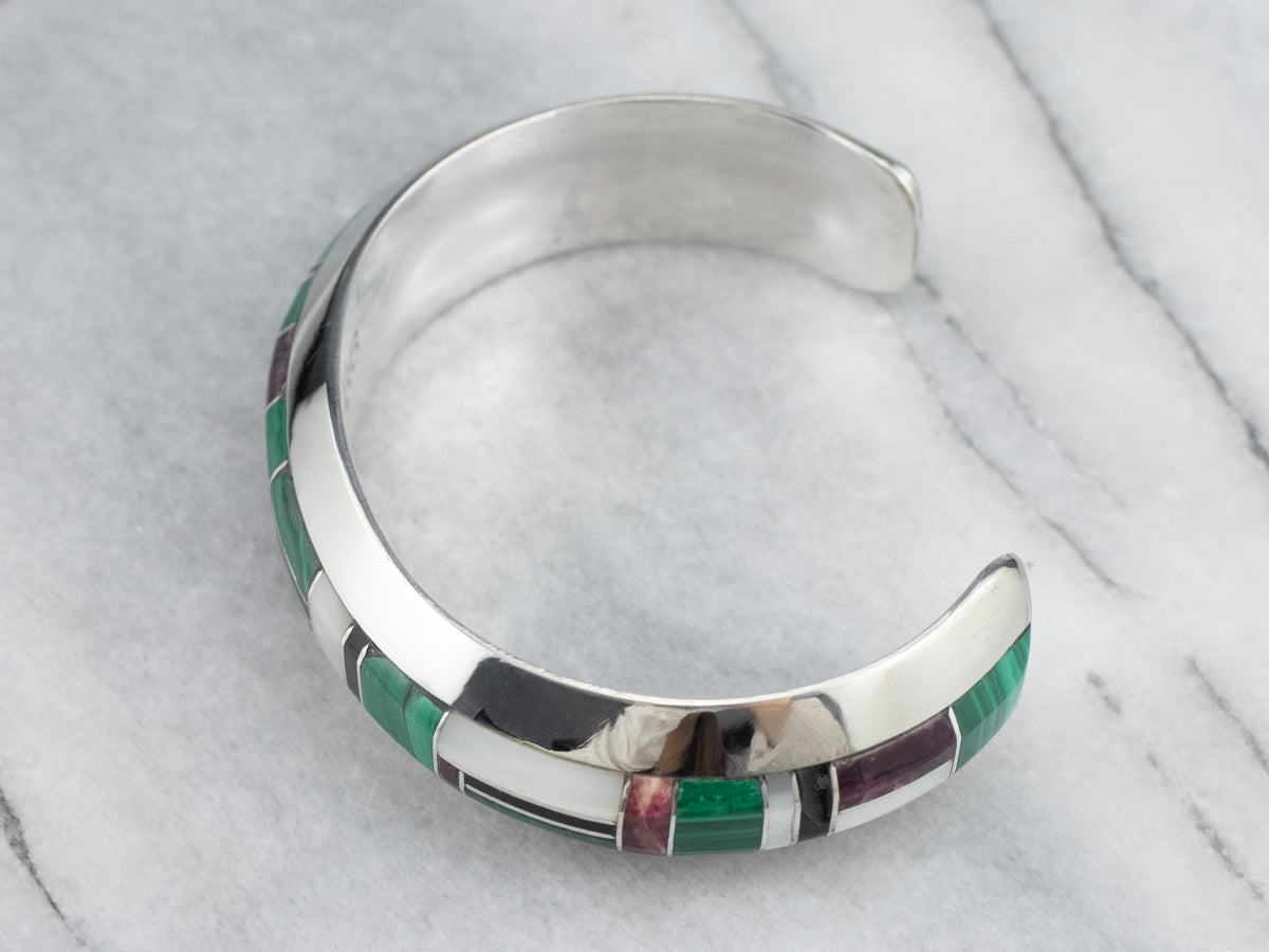 Sterling Silver Multi Cabochon Intarsia Cuff Bracelet 