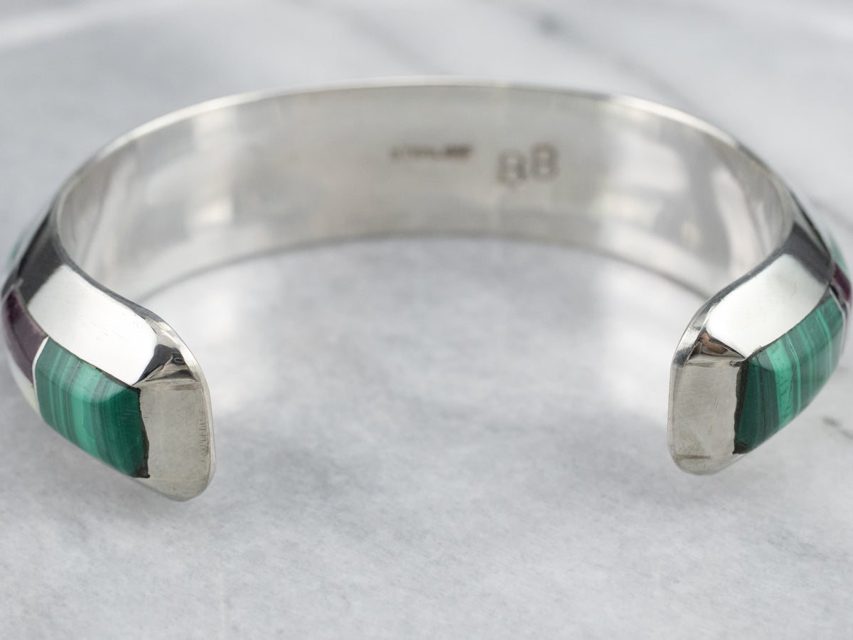 Sterling Silver Multi Cabochon Intarsia Cuff Bracelet