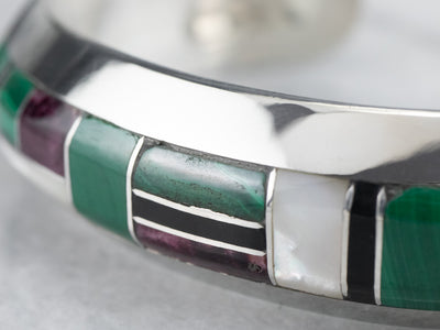 Sterling Silver Multi Cabochon Intarsia Cuff Bracelet