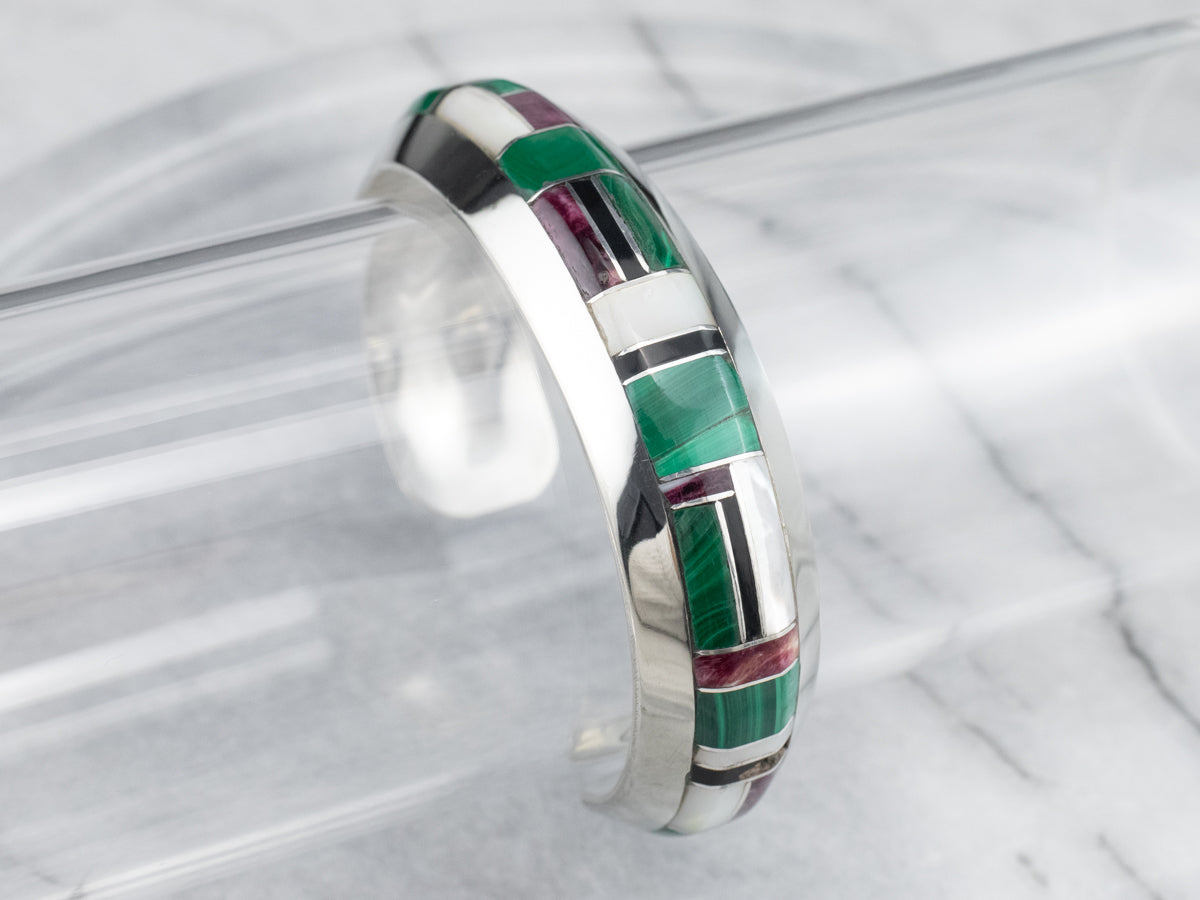 Sterling Silver Multi Cabochon Intarsia Cuff Bracelet 