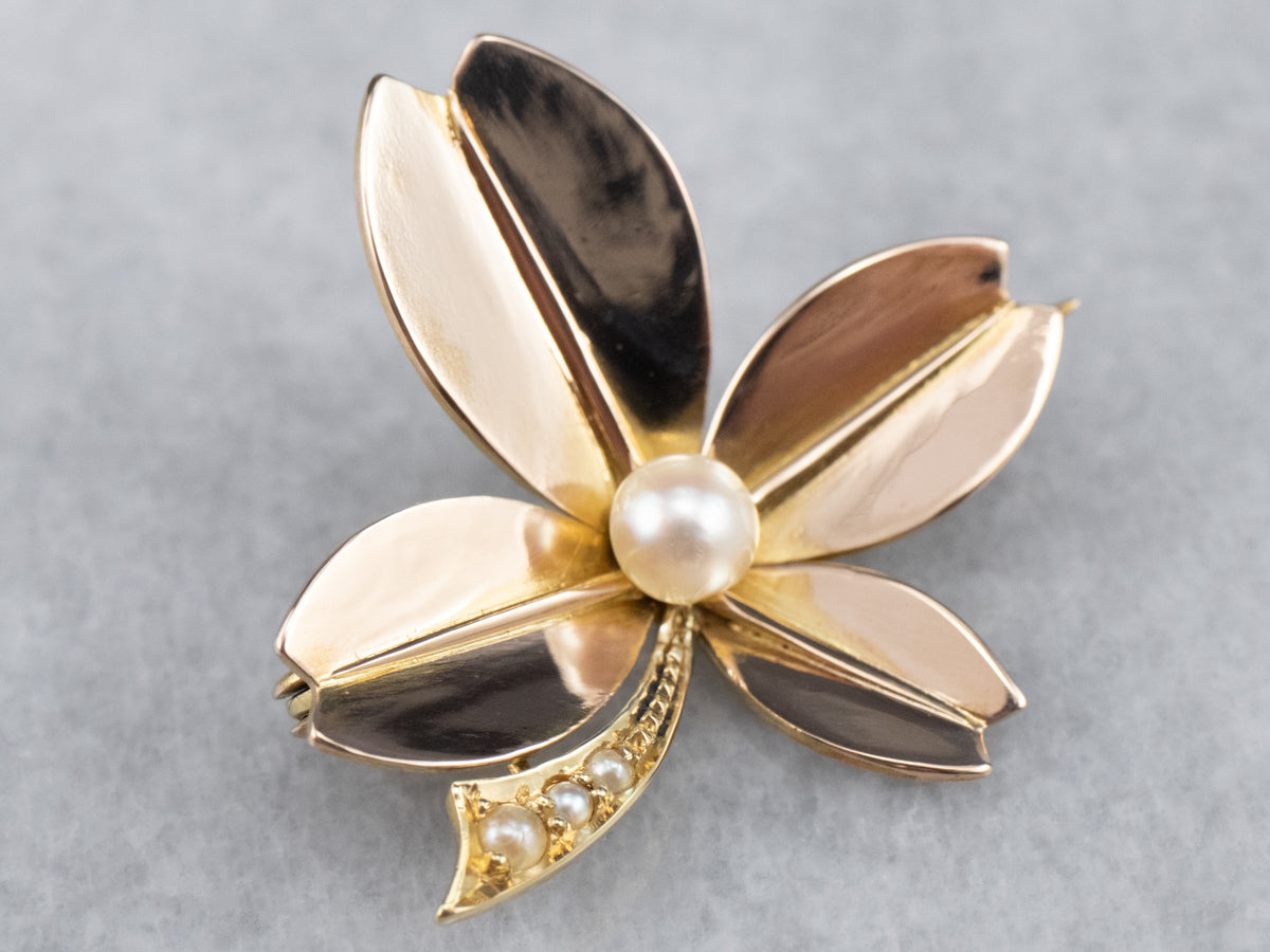 14K Yellow Gold Antique Pearl and Seed Pearl Clover Brooch