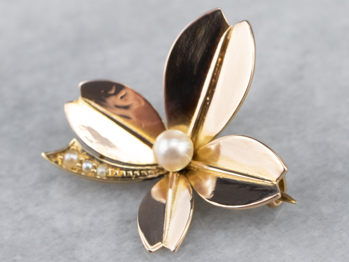 14K Yellow Gold Antique Pearl and Seed Pearl Clover Brooch