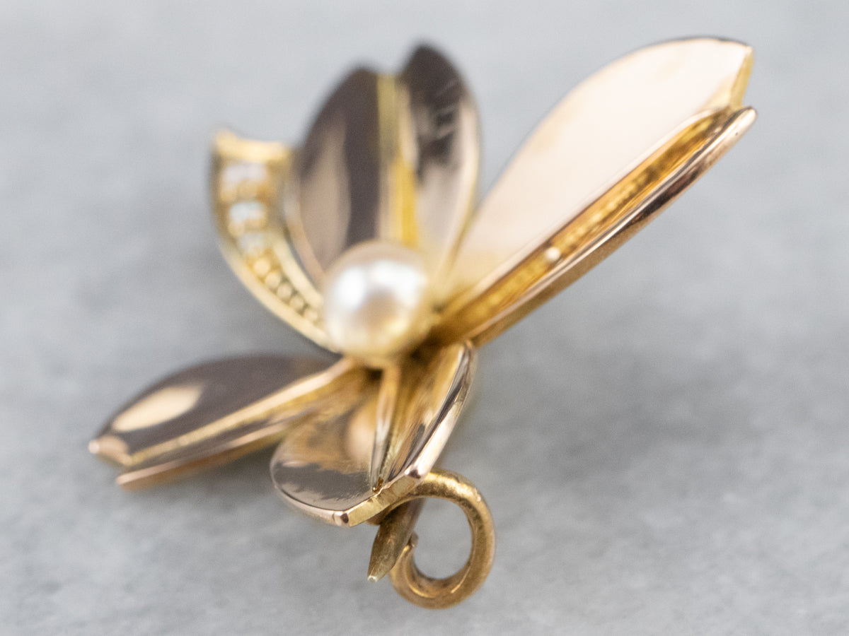 14K Yellow Gold Antique Pearl and Seed Pearl Clover Brooch