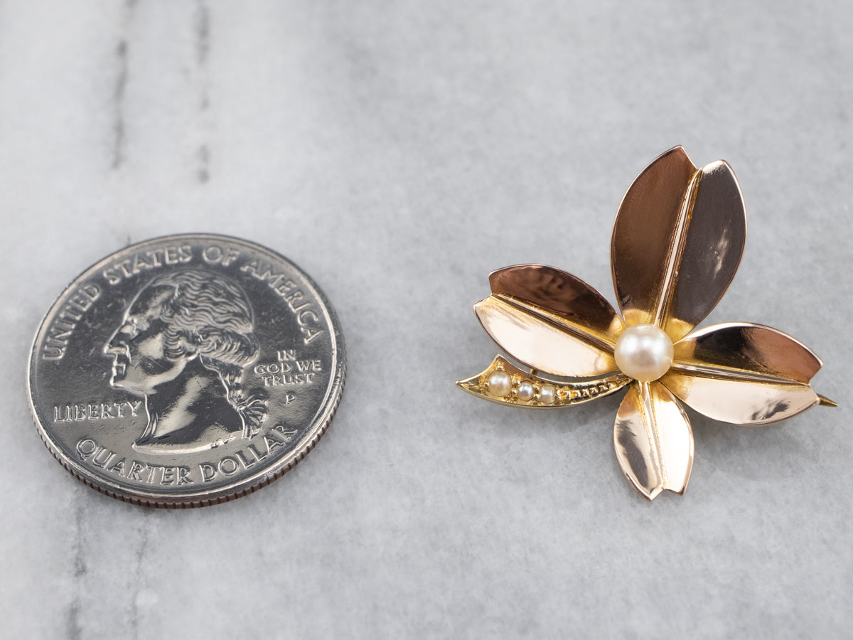 14K Yellow Gold Antique Pearl and Seed Pearl Clover Brooch