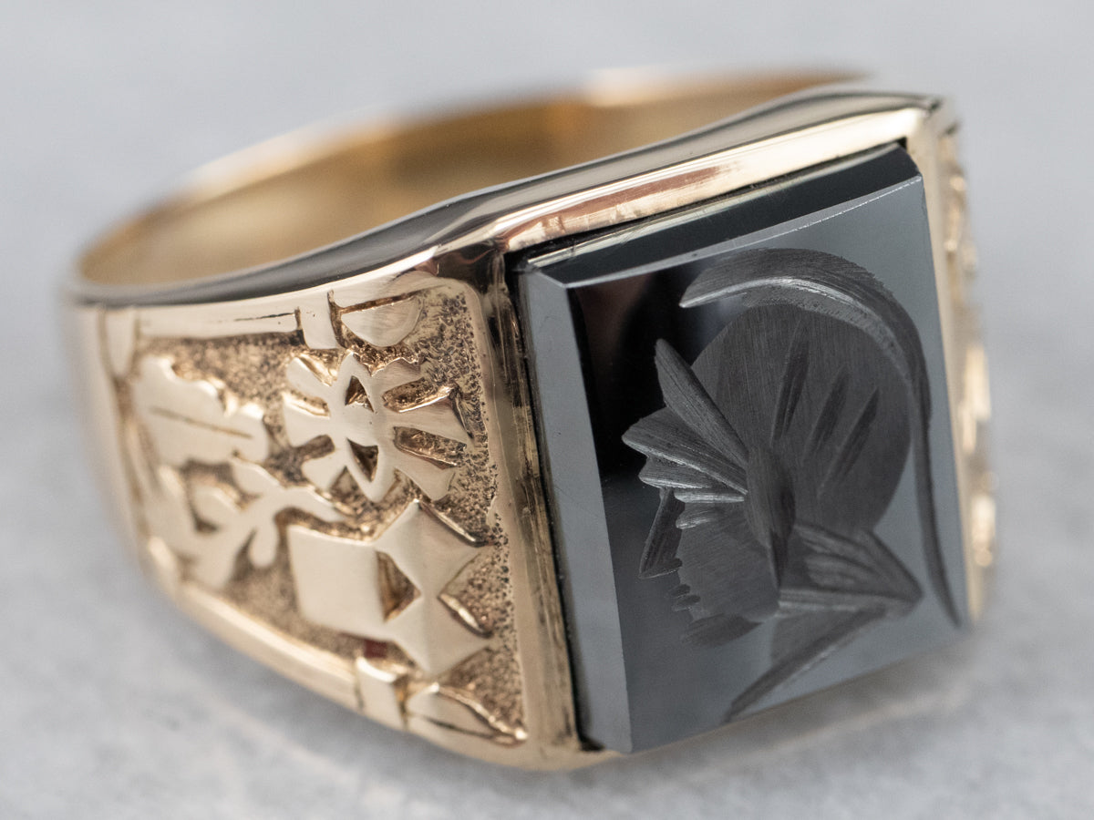 Gold Masonic Hematite Intaglio Ring