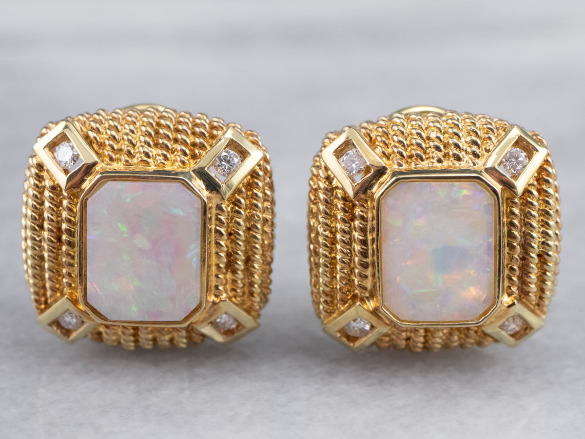 Ornate Opal and Diamond Stud Earrings