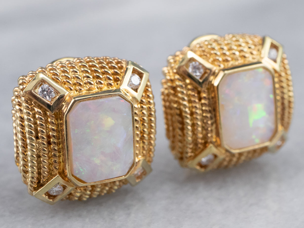 Ornate Opal and Diamond Stud Earrings