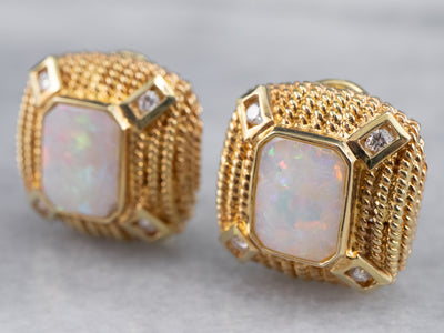 Ornate Opal and Diamond Stud Earrings
