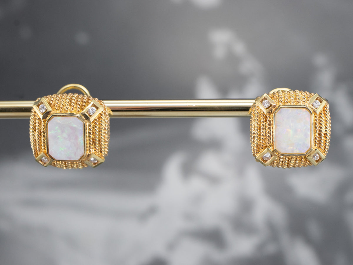 Ornate Opal and Diamond Stud Earrings