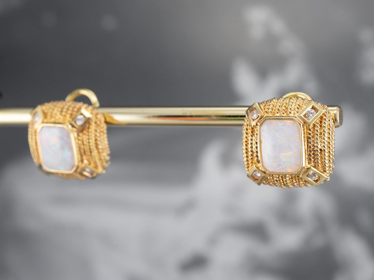 Ornate Opal and Diamond Stud Earrings