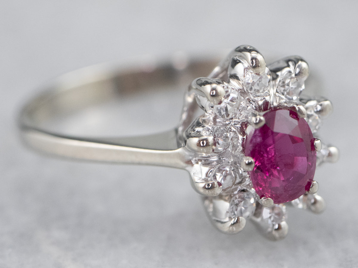 White Gold Ruby and Diamond Halo Ring