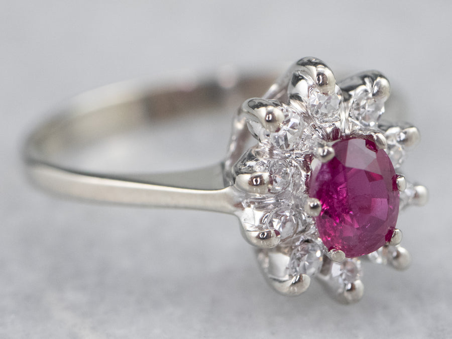 White Gold Ruby and Diamond Halo Ring