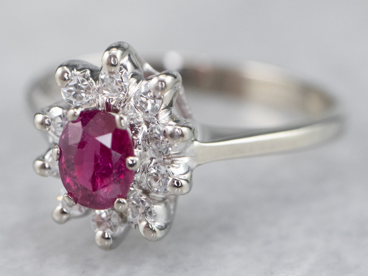 White Gold Ruby and Diamond Halo Ring