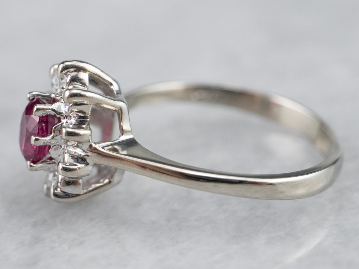 White Gold Ruby and Diamond Halo Ring