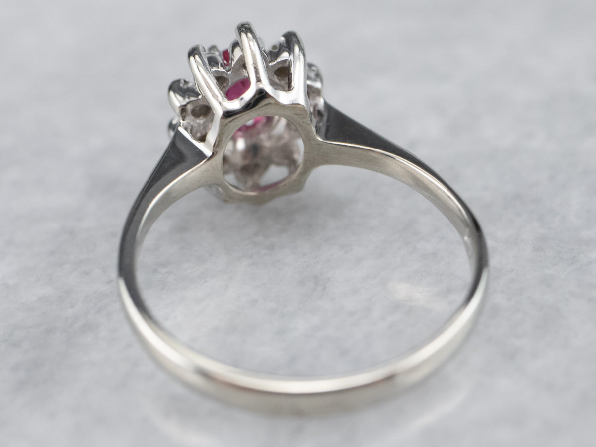 White Gold Ruby and Diamond Halo Ring