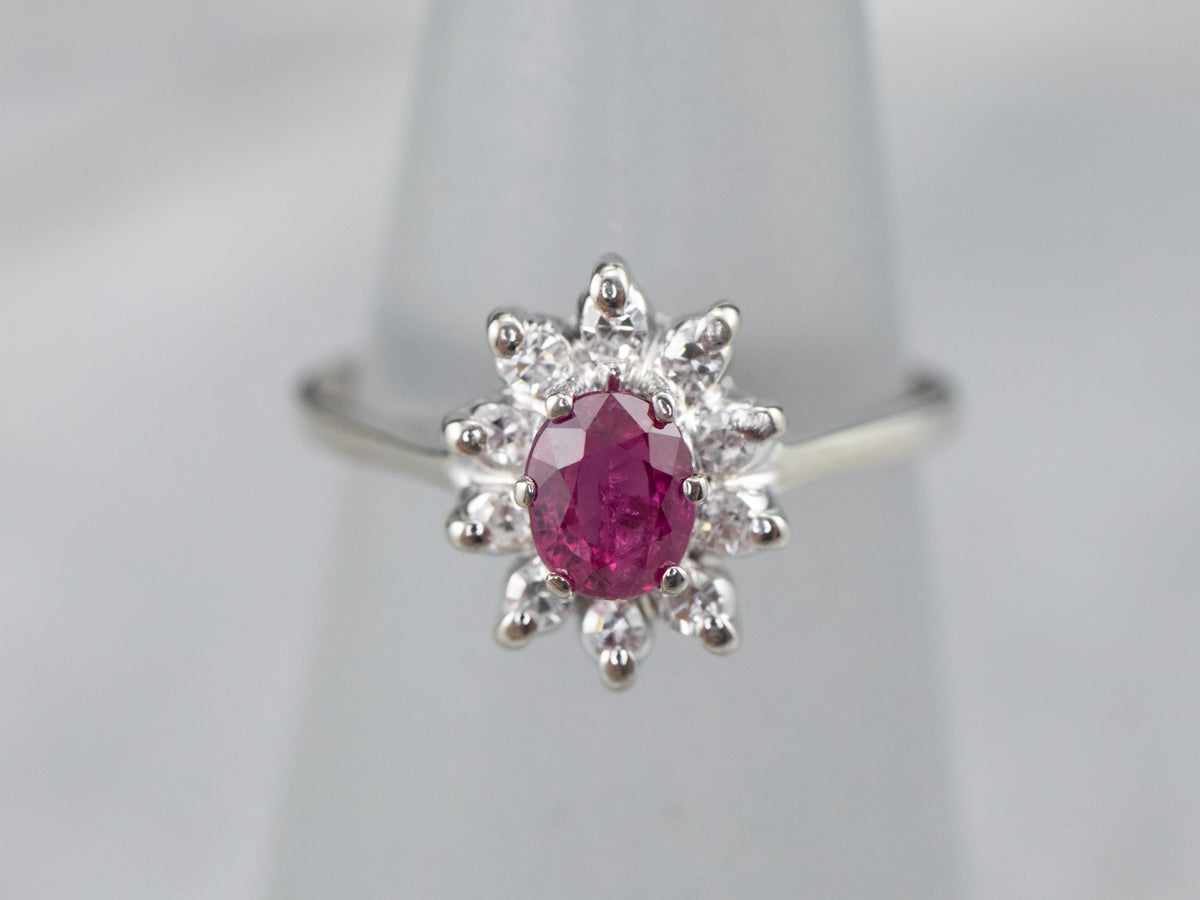 White Gold Ruby and Diamond Halo Ring
