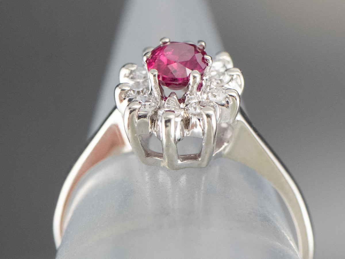 White Gold Ruby and Diamond Halo Ring