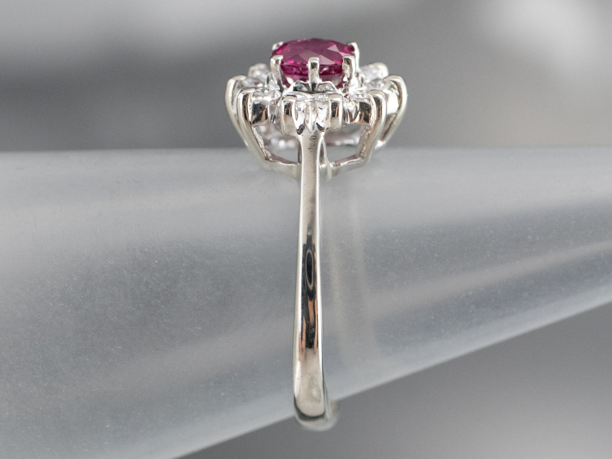 White Gold Ruby and Diamond Halo Ring