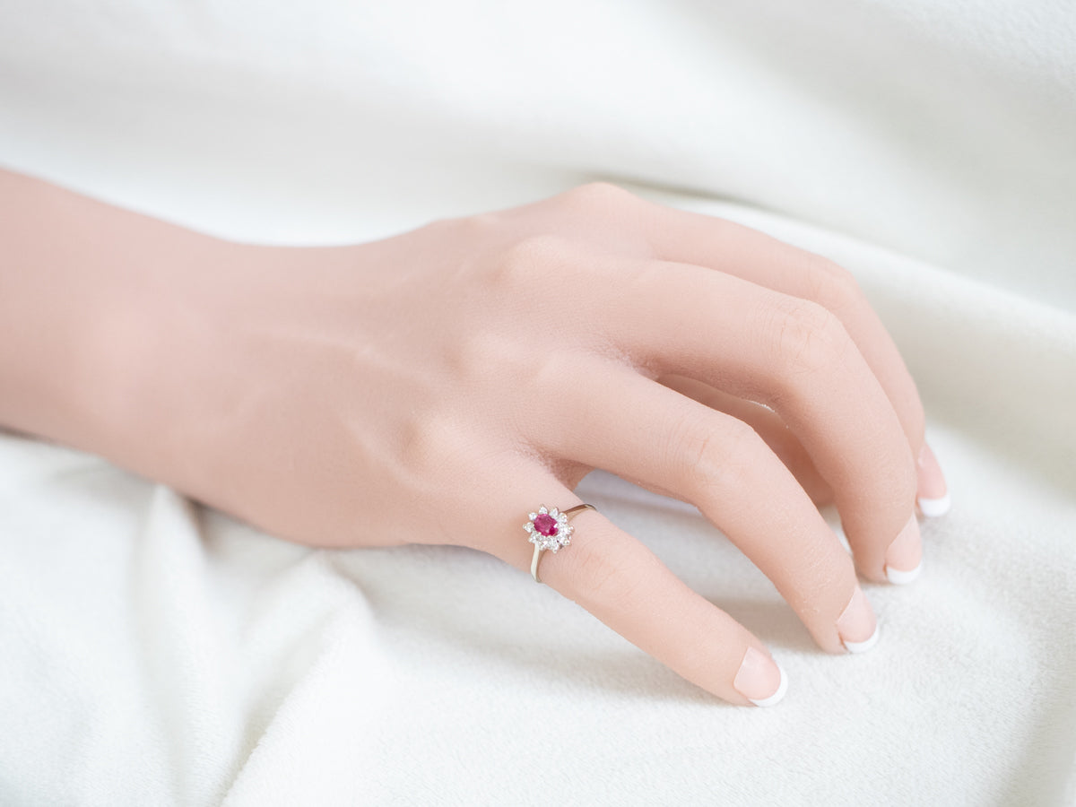 White Gold Ruby and Diamond Halo Ring