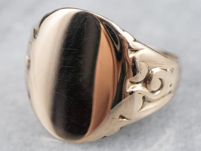 10K Rose Gold Vintage Scroll Shoulder Oval Top Signet Ring