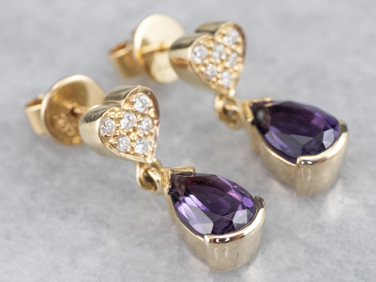 Sweetheart Amethyst and Diamond Drop Earrings