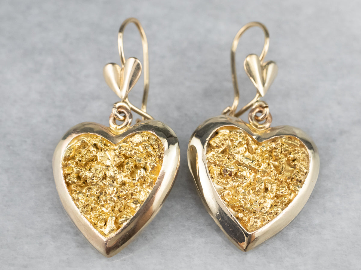 Gold Nugget Center Heart Drop Earrings