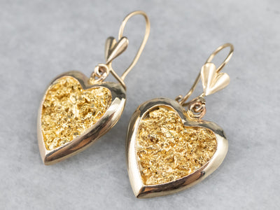 Gold Nugget Center Heart Drop Earrings