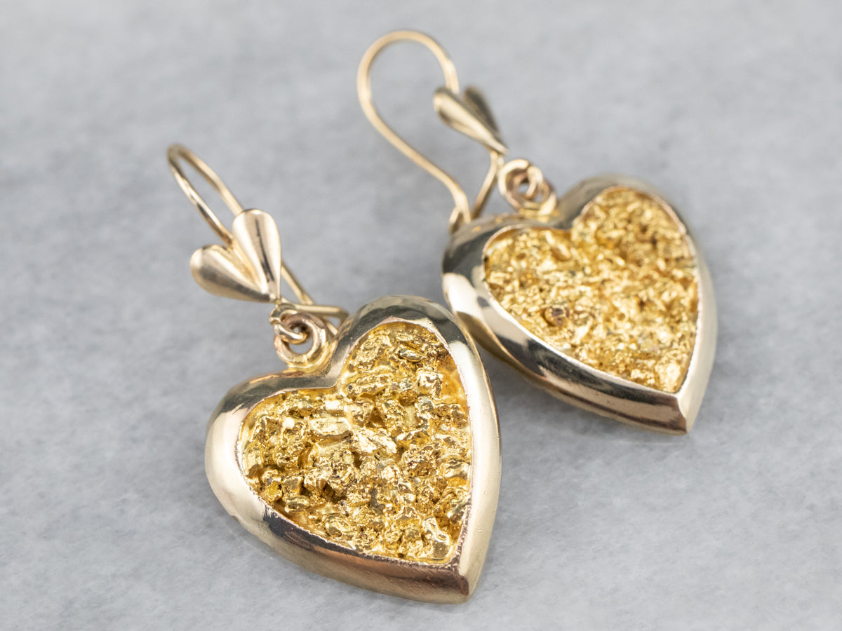Gold Nugget Center Heart Drop Earrings