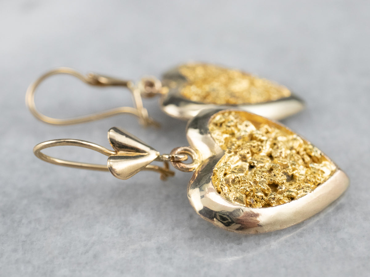 Gold Nugget Center Heart Drop Earrings