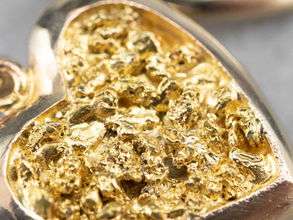 Gold Nugget Center Heart Drop Earrings