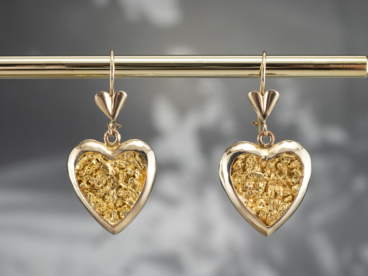 Gold Nugget Center Heart Drop Earrings