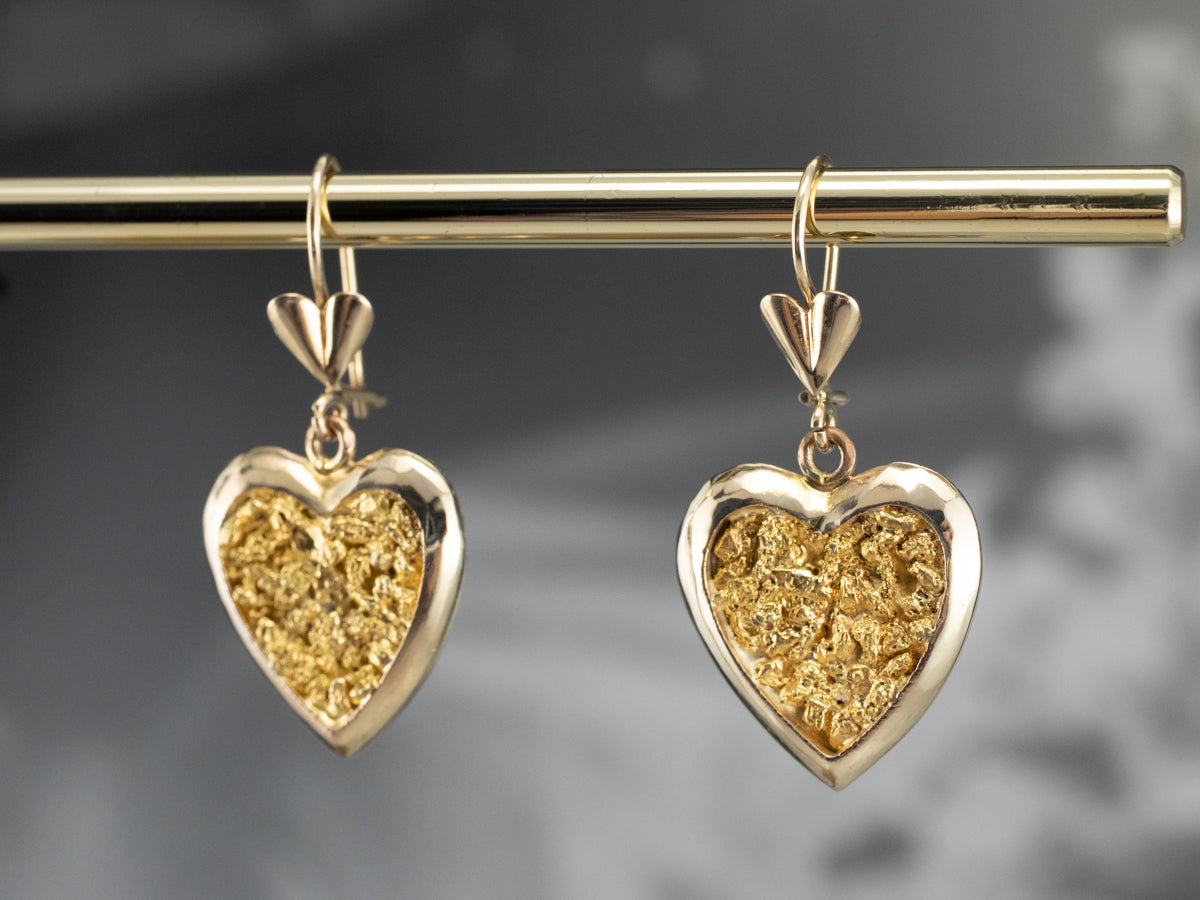 Gold Nugget Center Heart Drop Earrings
