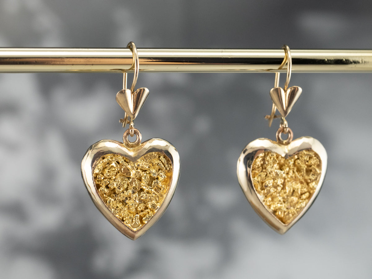 Gold Nugget Center Heart Drop Earrings
