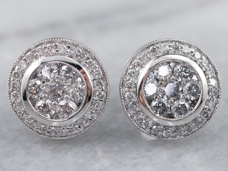 18K White Gold Diamond Cluster Stud Earrings