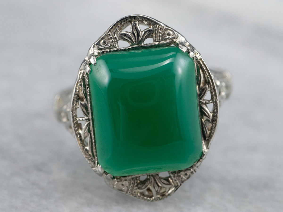 Art Deco Green Onyx Filigree Ring