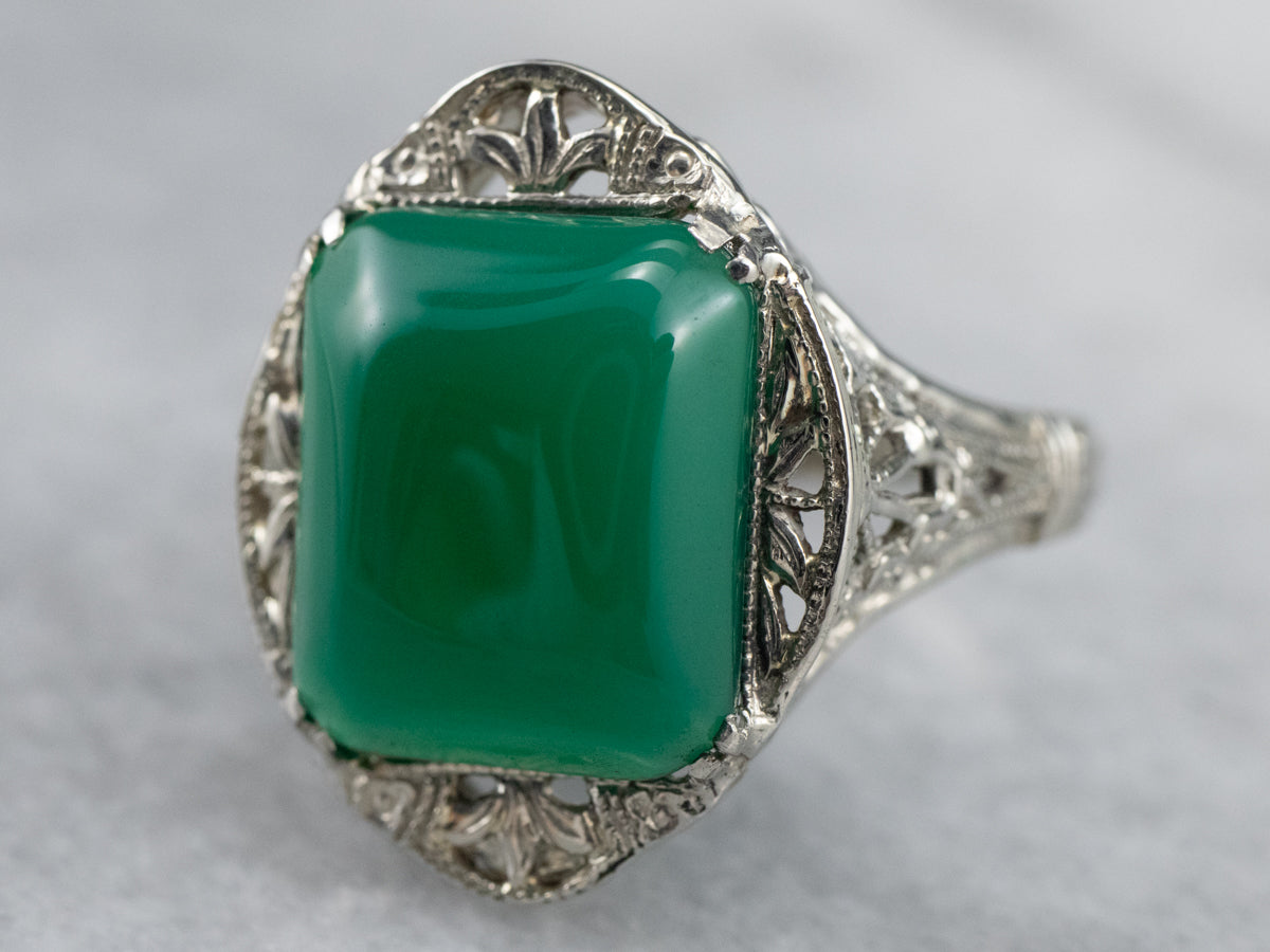 Art Deco Green Onyx Filigree Ring
