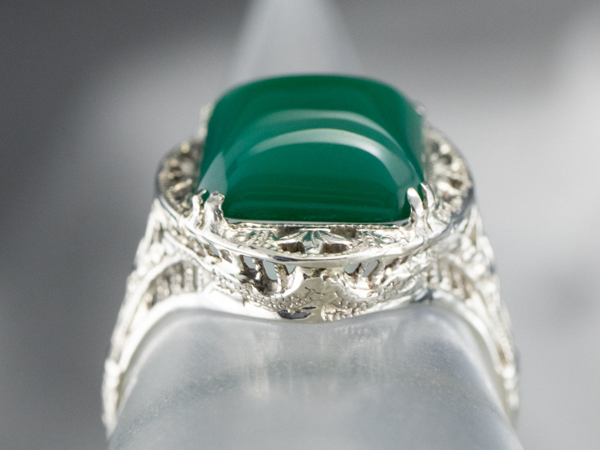 Art Deco Green Onyx Filigree Ring