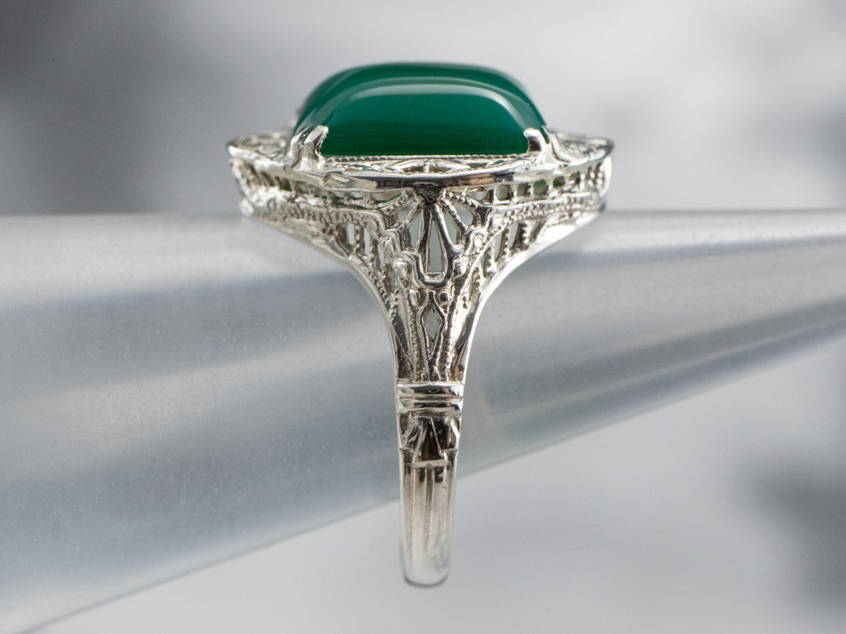 Art Deco Green Onyx Filigree Ring