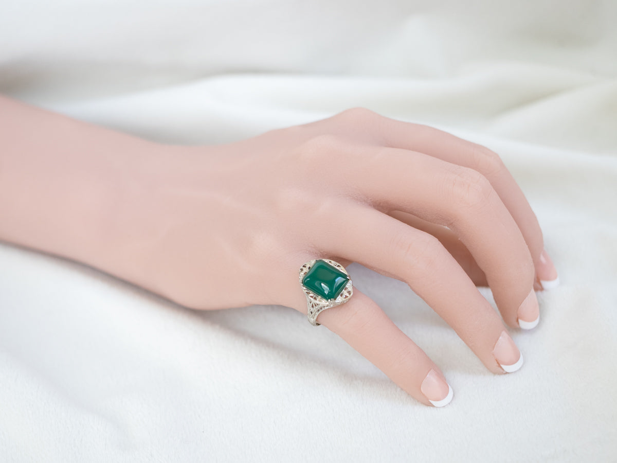 Art Deco Green Onyx Filigree Ring