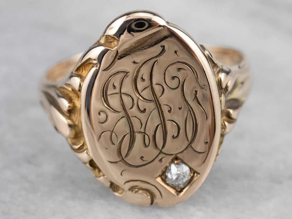 Unisex Victorian Gold and Diamond "JJT" Monogramed Signet Ring