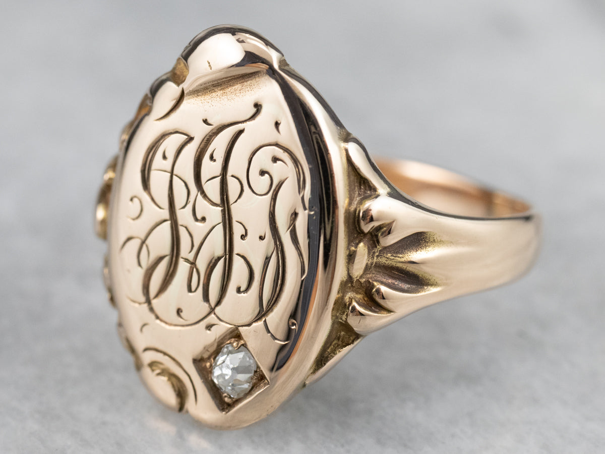 Unisex Victorian Gold and Diamond "JJT" Monogramed Signet Ring